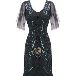 FAIRY COUPLE 1920s Floor-Length V-Back Sequined Embellished Flapper Dress Med/10